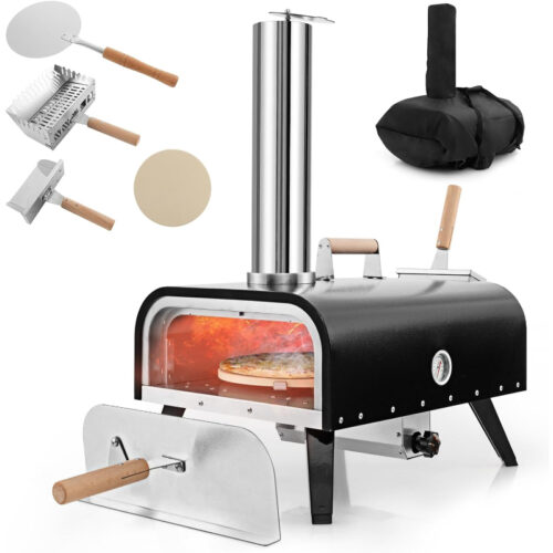 COSTWAY Horno Pizza Leña y Carbón 30 cm Piedra Inoxidable 3 Capas con Termómetro Horno